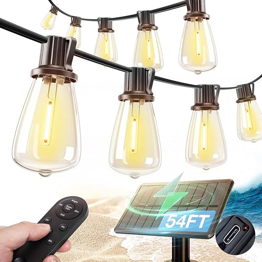 addlon 54FT(48+6) Solar String Lights Outdoor Waterproof with USB Port & Remote Control Dimmable Solar Patio Lights IP65 Solar Powered Edison LED Bulbs for Outside Bistro Camping