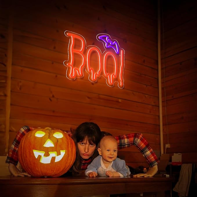 Halloween Neon Sign, Orange Purple BOO Bat Neon Light Up Sign for Halloween Party Decorations, Dimmable Neon Halloween Led Sign for Wall Decor, Spooky Boo Neon Sign for Trick or Treat Party Backdrop
