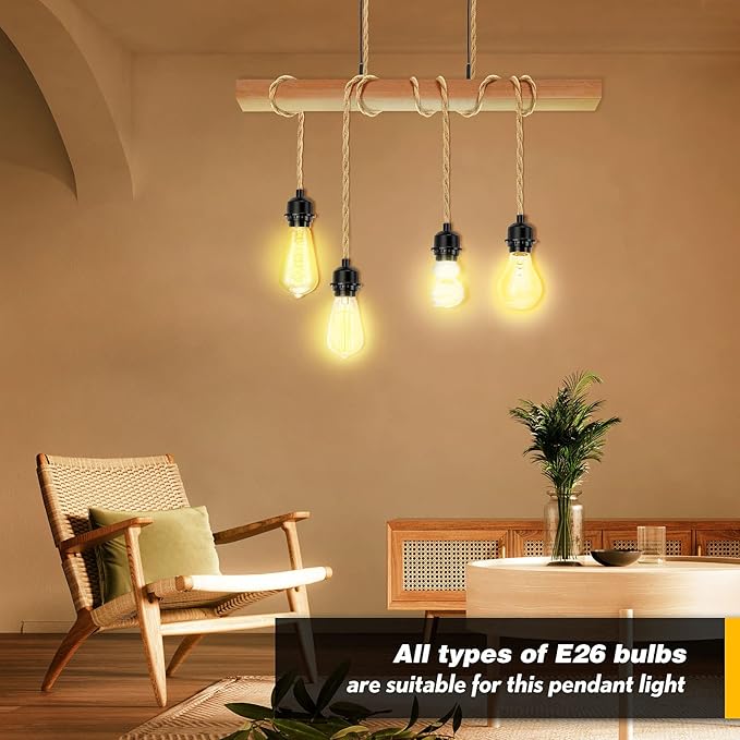 Plug in Pendant Light Cord, Farmhouse Hanging Lights with Plug in Cord, 15FT Hemp Rope Plugin Hanging Light Cord Kit with On/Off Switch, E26 E27 Light SocketCord, Bulb NOT Included