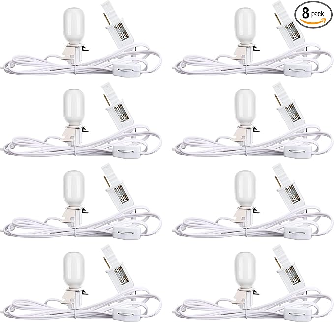 Leelosp 8 Pack Accessory Cord with 1 LED Light Bulb, 4.9 FT Christmas Village Blow Mold Light Cord E12 Clip-On Socket with Double Fuse for Halloween Pumpkin DIY Holiday Decorations
