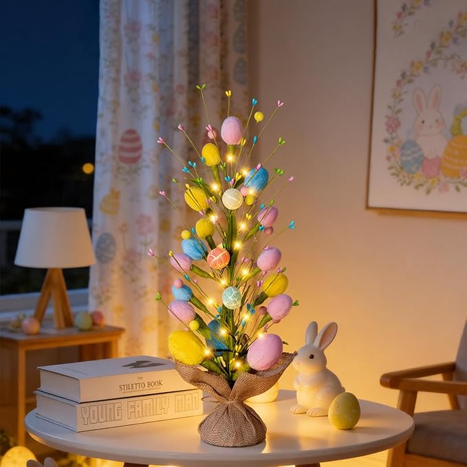 Easter Decorations Pre-Lit Easter Egg Tree with Timer Battery Operated,18inch Lighted Easter Tree Tabletop Decor with Eggs,LED Lights,Artificial Trees for Home Party Mantel Indoor Bedroom Spring