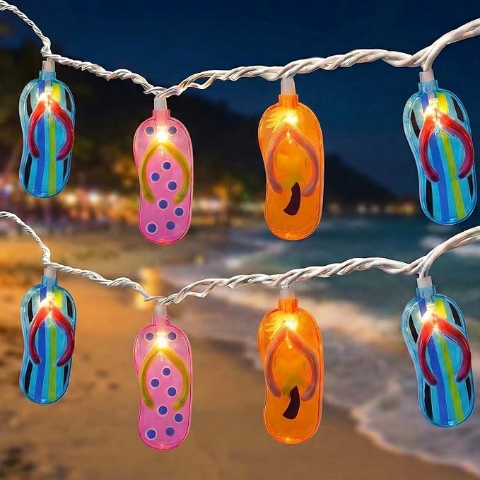 Multicolor Beach Flip Flop String Lights, 8.5Ft Beach Themed Outdoor Party Lights with 10 Multicolor Slipper Lights, Summer Ocean Decorations String Lights for Bedroom Camping Decks Party Lighting