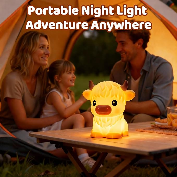 BPA-Free Silicone丨Huggwaii Highland Cow Night Light for Kids, Dimmable Squishy Night Light Touch Cow Lamp, Highland Cow Gifts for Nursery, 30 Auto-Off Timer, Cute Room Decor for Boys Girls Women