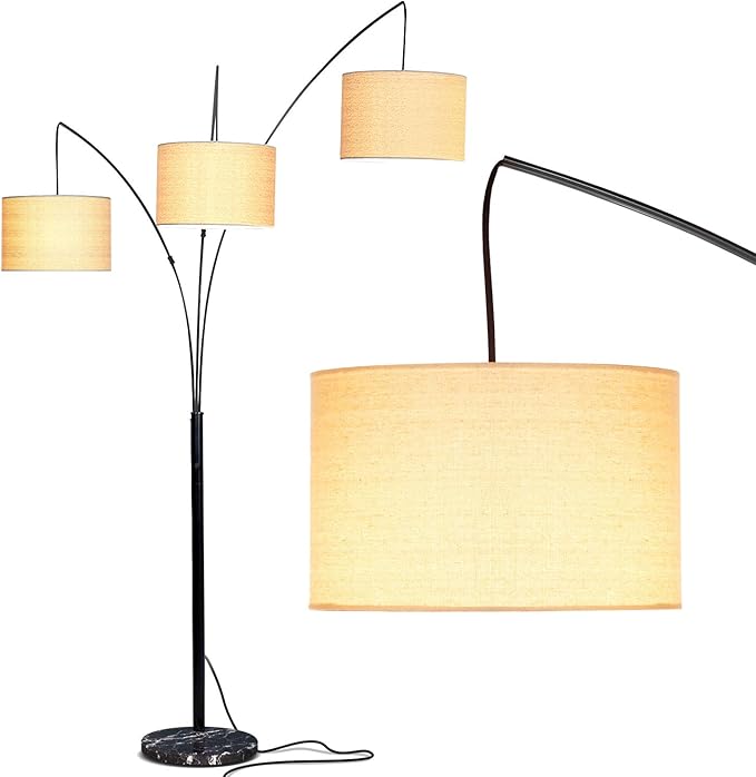 Brightech Trilage Arc Floor Lamp - Large Standing Lamp with 3 Fabric Shades & LED Bulbs for Living Room Over The Sofa, Reading, Multi-Head Traditional Tree Floor Lamp for Bedroom - Black
