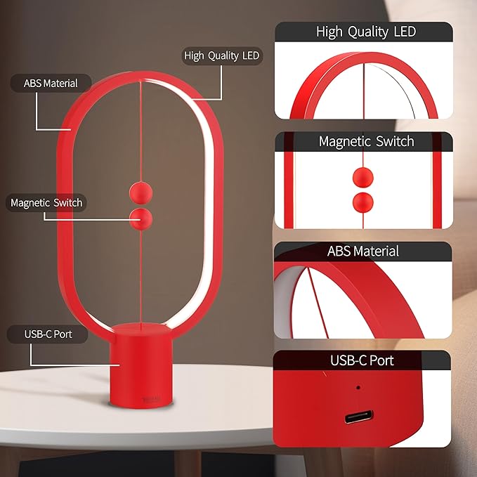 Heng Balance Light, USB Powered LED Table lamp, Creative, Magnetic Switch Night Light, dimmable Eye Protection Table lamp, Used for Gifts, Decoration Bedside, Dormitory and Office(Red)