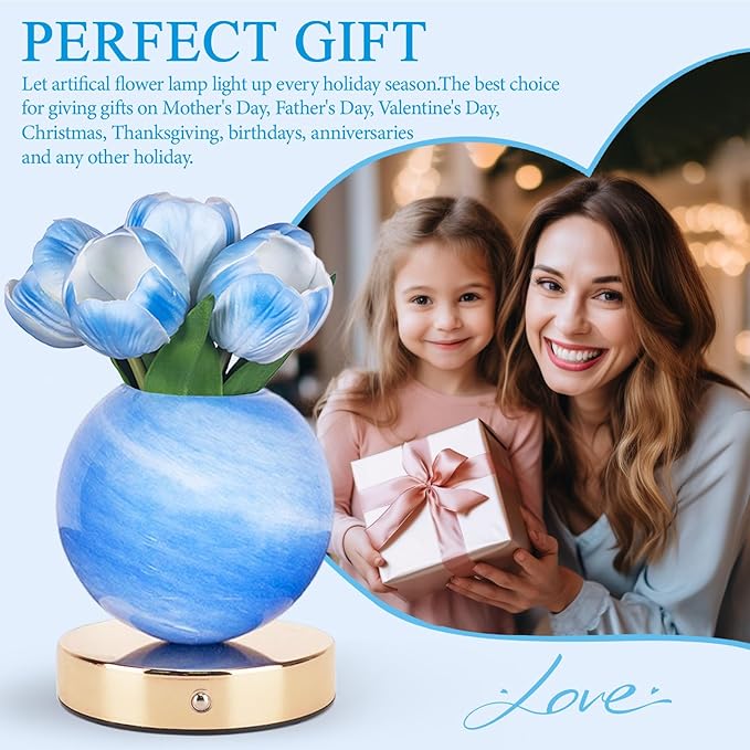 Tulip Table Lamp, Rechargeable Cordless Touch Dimming Artificial Tulip Flower Desk Lamp, LED Flower Bedside Night Light Romantic Gifts for Girl Women Mom (Blue Tulip)