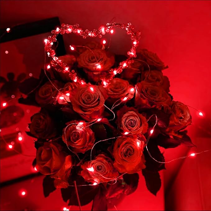 LAMPHOME 6 Pack Red Valentine's Fairy Lights Battery Operated (Included), 7 ft 20 LED Mini String Lights, Waterproof Silver Wire Firefly Starry Light for DIY Wedding Party Mason Jars Decor