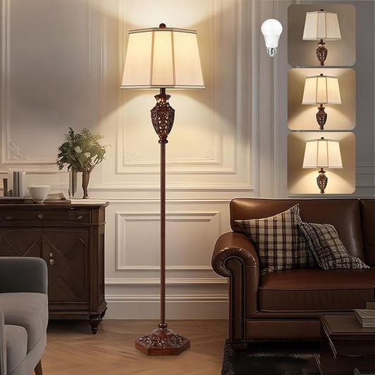 Luvkczc Vintage Floor Lamp - Brown Resin 6-Sided Carved Hollow Light Design, Mid-Century Modern Standing Lamp for Living Room, Bedroom, Study(Bulb Included)