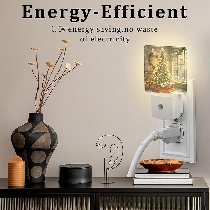 Christma Room Full of Gifts Night Light, Christmas Tree with Red and Gold Ornaments Dusk to Dawn Night Light Plug in, 0.5w Energy Saving Sleep Friendly NightLight for Kids Boys Girls Home Decor