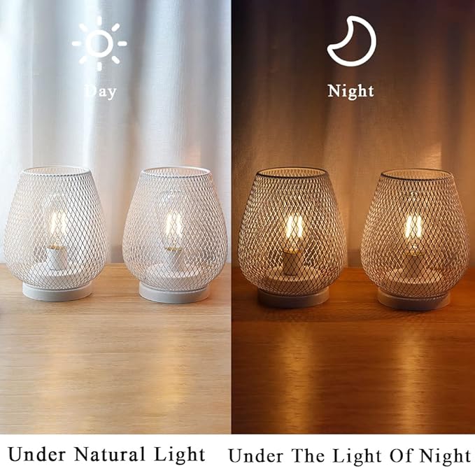 JHY DESIGN Set of 2 Metal Cage LED Lanterns Battery Powered Cordless Accent Light with LED Great for Weddings Parties Patio Events for Indoors Outdoors(White)