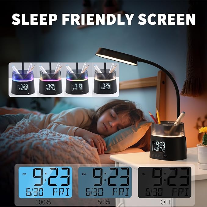 Led Desk Lamp for Home Office, Touch Table Lamp with Pen Holder, 3 Color Modes Stepless Dimmable Reading Light, Gooseneck Lamp for Dorm Room, Bedside Study Light with Clock for Kids, Girls, Boys