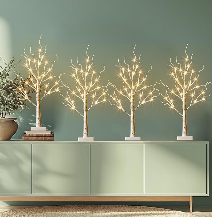 EAMBRITE Home Decorations Light Up White Birch Tree Indoor Christmas Decor, 4 Pack Battery Operated/USB Lighted Tabletop Money Tree Lamp Led Lights Xmas Wedding Centerpiece Table Room (2 Ft)