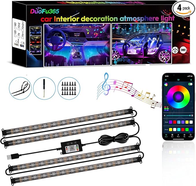 Car Led Strip Lights, RGB Truck Interior Lights with App Control, Under Dash Footwell Automotive Led Light Strip, Car Ambient Lighting (1set)
