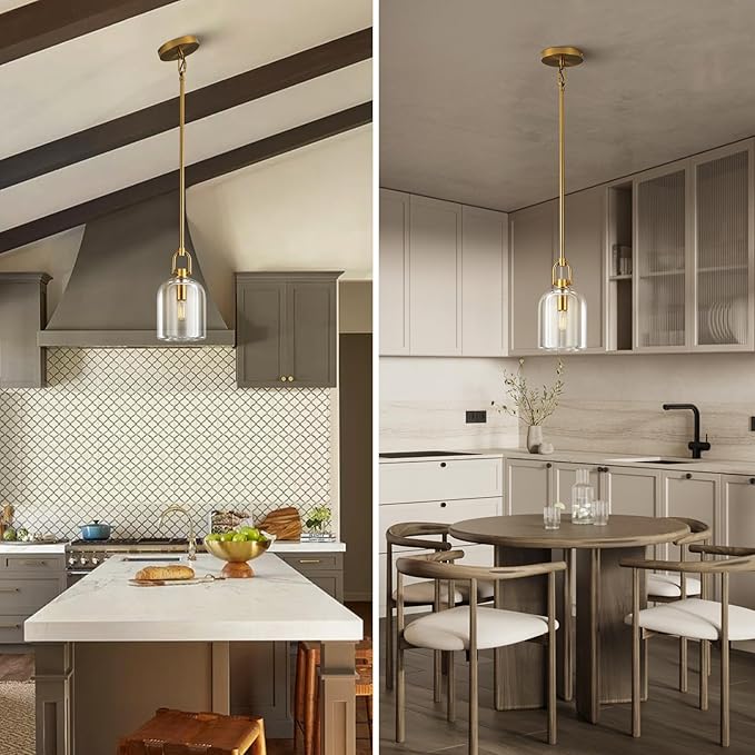 Brass Pendant Light Fixtures, Gold Pendant Light, Indoor Pendant Light for Kitchen Island Dining Room Living Room Bedroom Bathroom, E12 Bulb Included