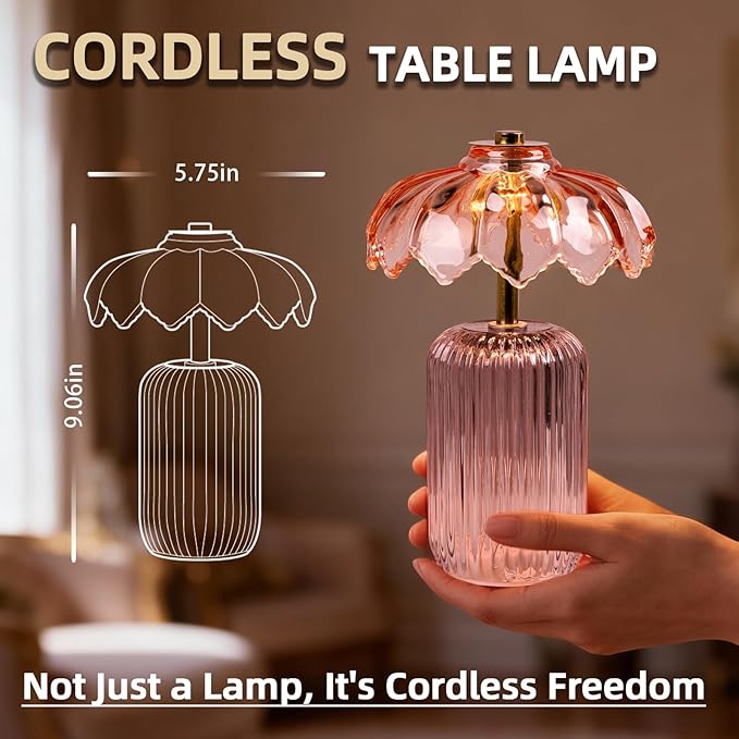 MJ PREMIER Cordless Lamp, Battery Operated Lamp with Timer, Crystal Glass Flower Lampshade, Small Table Lamps, Decorative Led Light for Bedroom Living Room Shelf (S-Pink)