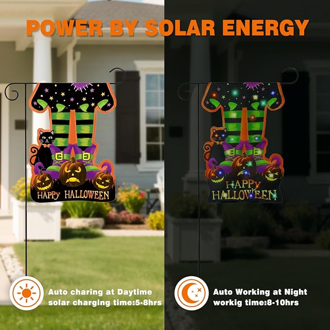 Halloween Solar Lighted Garden Flag Double Sided 12x18 Inch - 8 Lighting Modes LED Outdoor Yard Decoration for Porch, Home, Lawn Halloween Decor - Witch Feet and Pumpkin