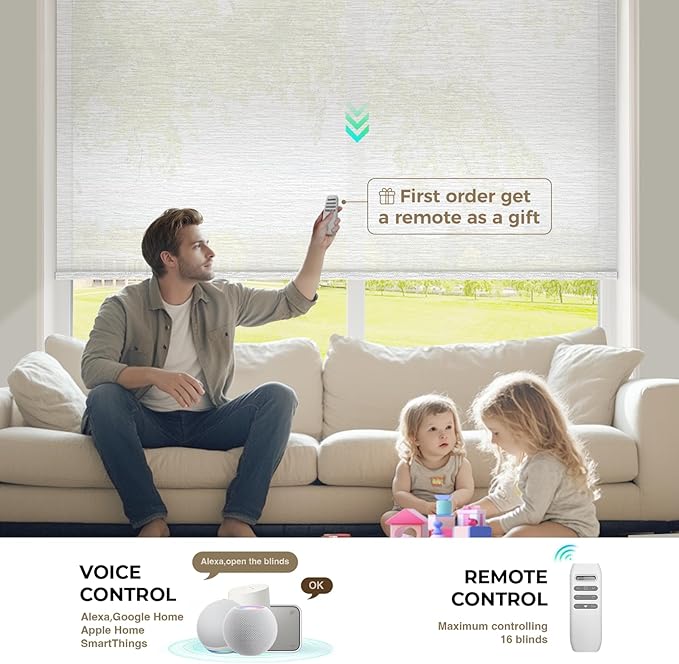 HeyBlinds Motorized Roller Shades, Smart Blinds for Windows, Remote Automatic Window Shades, Electric Shades, Light Filtering, Compatible with Alexa Google Apple Home (Light Chaser-Perla Bianca LF)