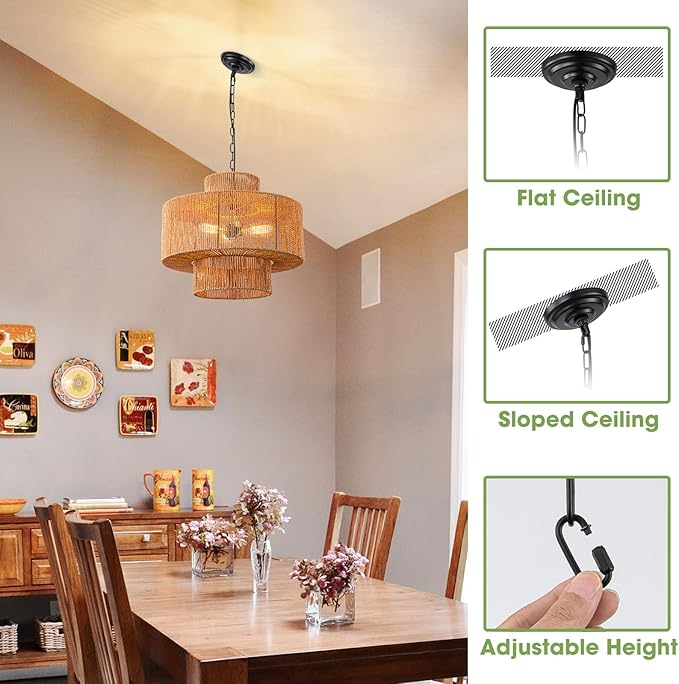 Large Rattan Pendant Light Fixture Dinning Room Chandelier Boho Hanging Light 3-light Chandelier Basket Lamp Shade Hand Woven Pendant Light for Kitchen Island Hallway Bedroom Farmhouse Living Room