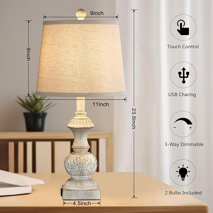 Farmhouse 3 Way Dimmable Touch Table Lamps for Living Room Set of 2 Traditional Rustic Bedside Lamps for Bedroom Nightstand 23.5" Vintage Carved Floral Night Light Lamps with USB Ports Bulb Included
