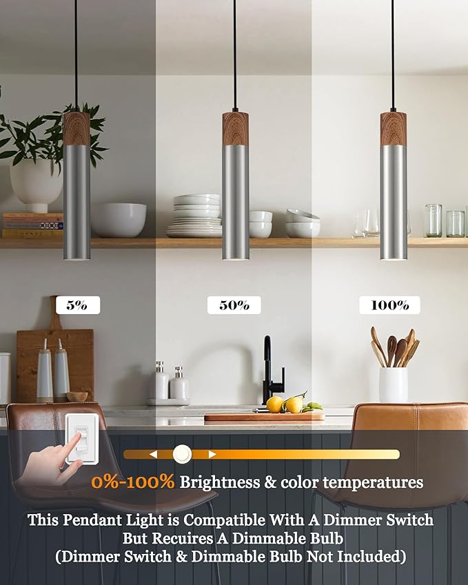 ELYONA Modern Pendant Light for Kitchen Island, Brown Wood Grain & Brushed Nickel Metal Bauhaus Hanging Light Fixture for Dining Room, Bedroom, Adjustable Height, GU10 LED Bulb Included, 1 Pack