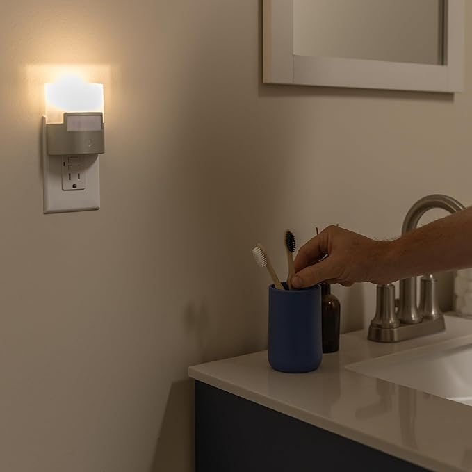 GE LED Motion Sensor Night Light, Plug into wall, 40 Lumens, Soft White, UL-Certified, Energy Efficient, Ideal Nightlight for Bedroom, Bathroom, Kitchen, Hallway, 46633, Silver, 2 Pack