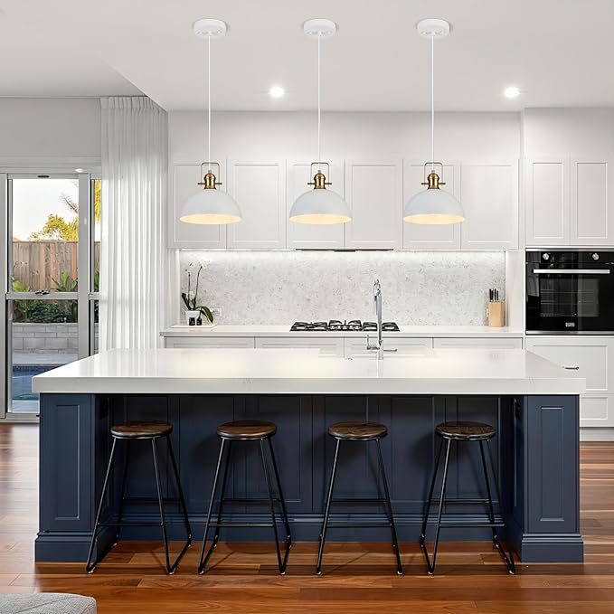 12 Inch Pendant Lights for Kitchen Island Matte White Farmhouse Pendant Light fixtures Adjustable Height Dome Hanging Light for Dinning Room Bedroom Hallway,3 Packs