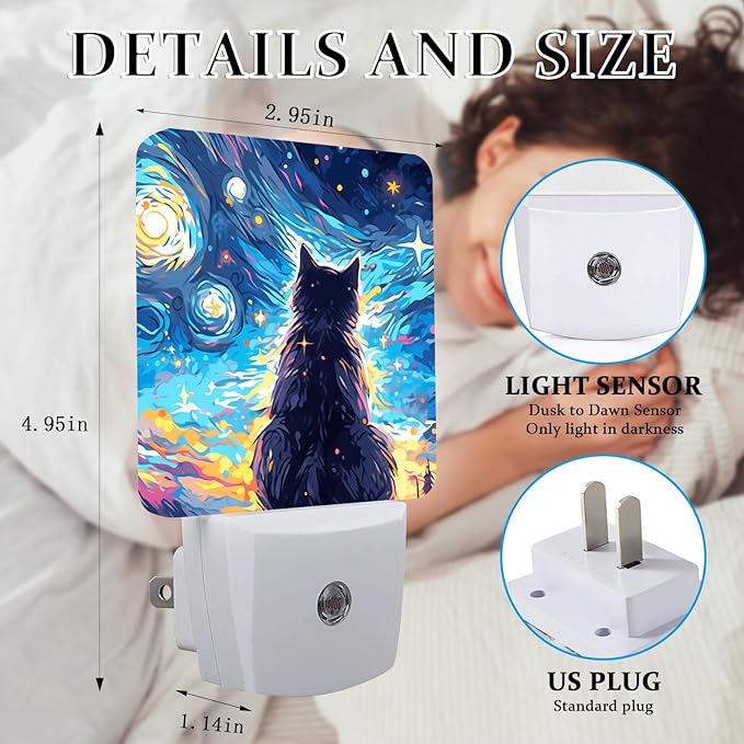 Black Cat Night Light, Plug-into Wall Starry Night Nightlight Lamp with Dusk to Dawn Sensor, Led Lamp 0.5W Energy Efficient for Boys Girls Adults Home Decor