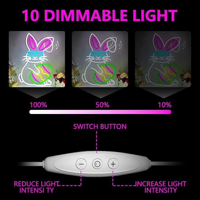 Easter Bunny Neon Sign Dimmable Easter Ear Waving Neon Light for Wall Decor Led Animated Bunny Ear Decoration for Window Light Up Sign for Bedroom