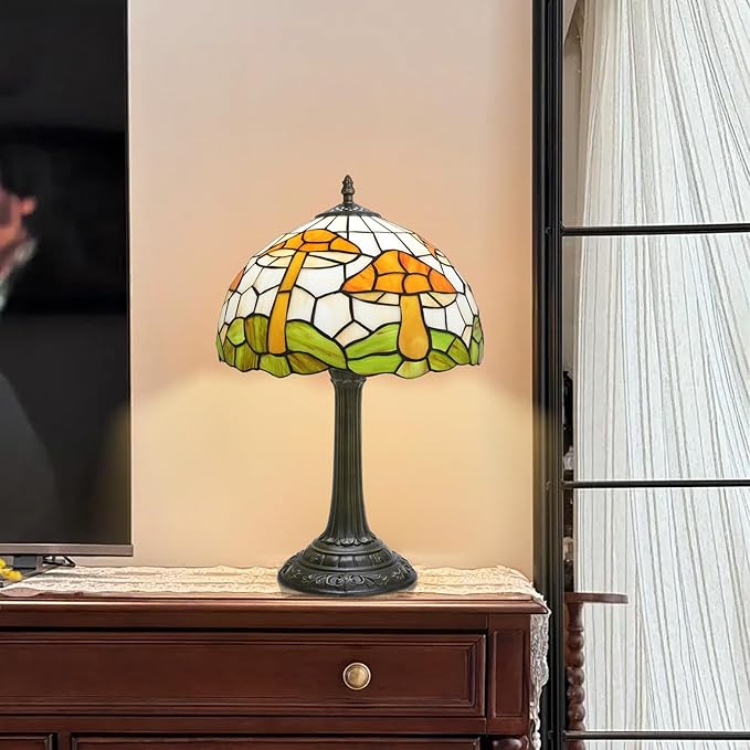 uniquel Vintage Orange mushroom Tiffany lamps Retro Style Stained Glass Table Lamp Cute Aesthetic Bedside Lamp for Bedroom nightstand Night Stand Lighting reading cottage decor desk lamp 12 inch E26