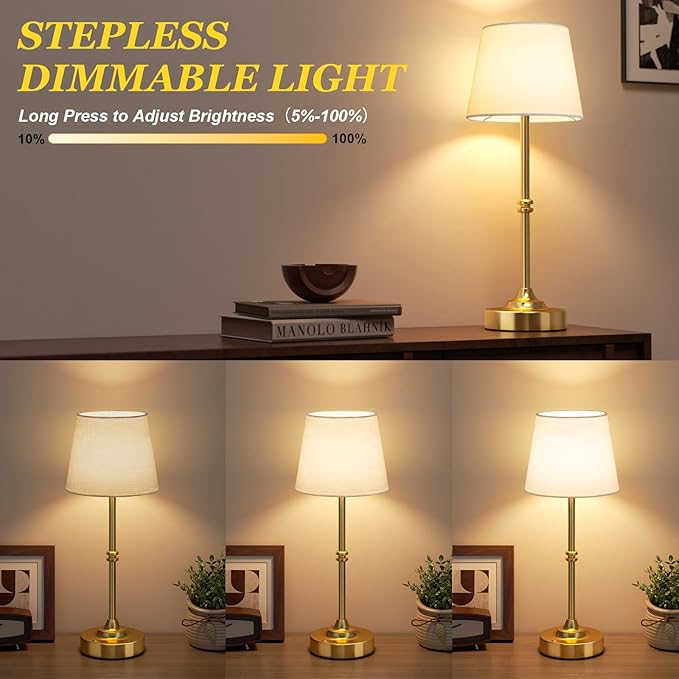 Kakanuo Rechargeable Cordless Table Lamp Gold - 2 Pack Brass 4000mAh Battery Operated Lamp, Touch Control Stepless Dimming, for Home Decor, Dining Table, Living Room, Bedroom