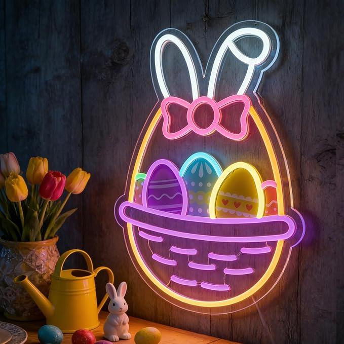 16 In Easter Egg Basket Neon Sign with Bunny Dimmable Bow Egg Basket Led Sign Neon for Wall Decor for Window Party Gifts Bedroom Holiday Spring Bar Home Business Holiday
