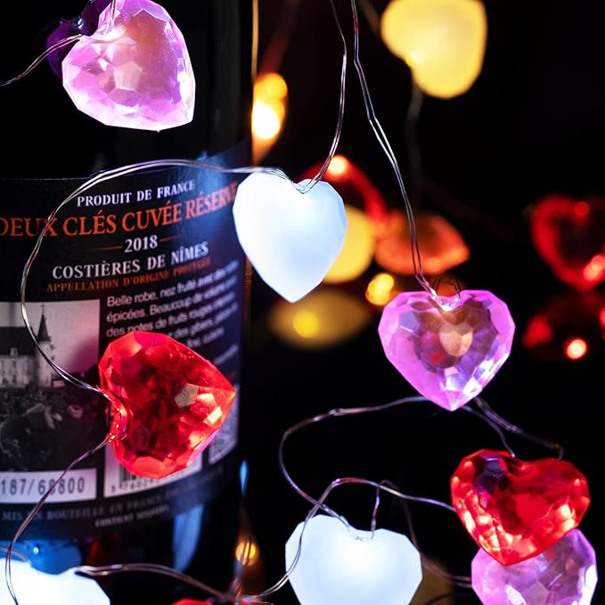 BOHON Valentine Day Decor 10 ft 30 LEDs 3D Heart Lights, Red White Pink Fairy String Lights with Remote Battery Operated, Valentines Decorations for The Home Bedroom Garland Wedding Indoor Timer