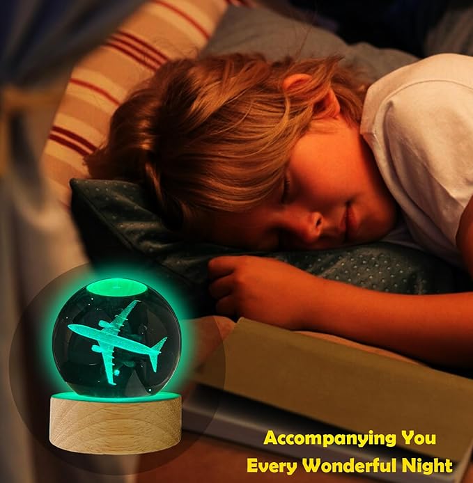 Catta 3D Airplane Crystal Ball Night Light, Remote Control with 16 Colors Change,Plane Decor for Men Boy Kids Room(2.4 Inch)