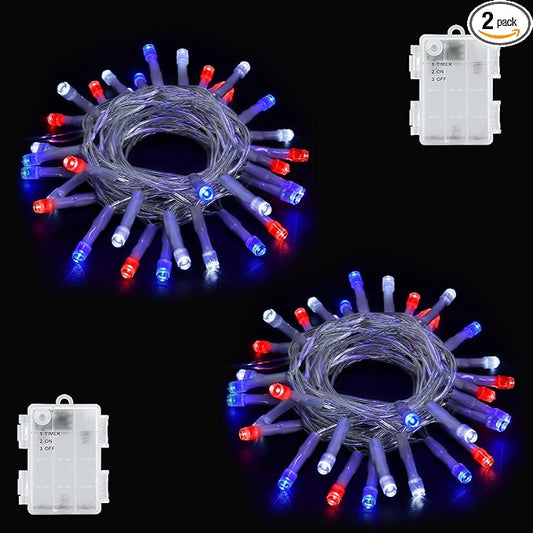 Red White and Blue Lights Battery Operated, 4th of July Lights with Timer Outdoor Waterproof 9.8ft 30 LED for 4th of July Independence Day Decorations Garland Party Garden 2 Packs