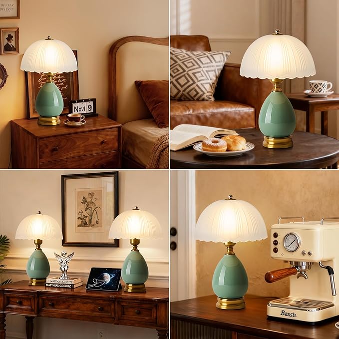 Ceramic Table lamp, Modern Bedside Lamps Green Mid Century Vintage Desk Lamp Retro Glass Mushroom Traditional Lamp for Nightstand Living Room Bedroom Home Decor (S04GN-1PACK)