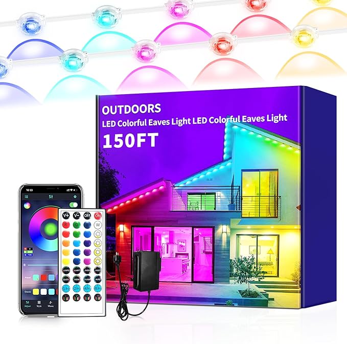 150ft Permanent Outdoor Light,RGB Eaves Lights,DIY Scene Modes IP68 Waterproof Outdoor Under Eave Lighting,led Lights for Decor,Garden Decor,House,Party