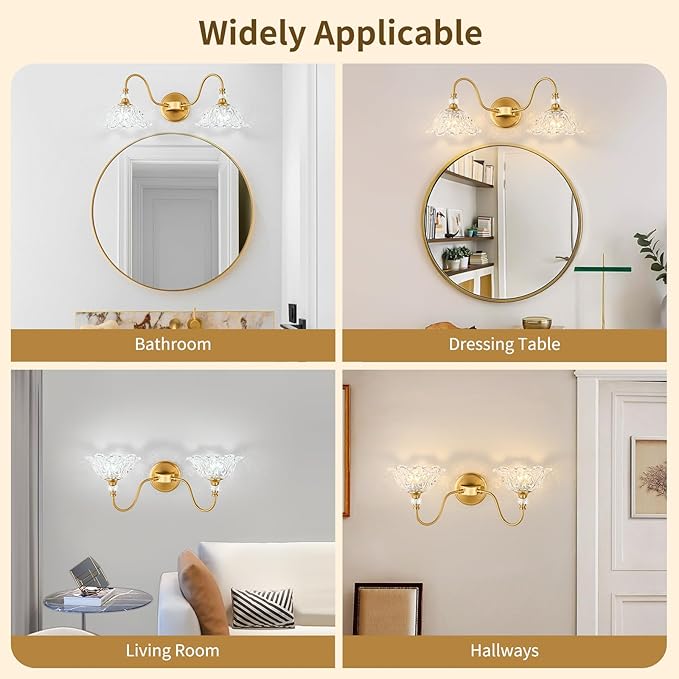 Gold Bathroom Vanity Light, 2-Light Brushed Gold Finish Vanity Light with Floral Clear Glass Shades, Retro Wall Mount Lighting for Bathroom, Dressing Table