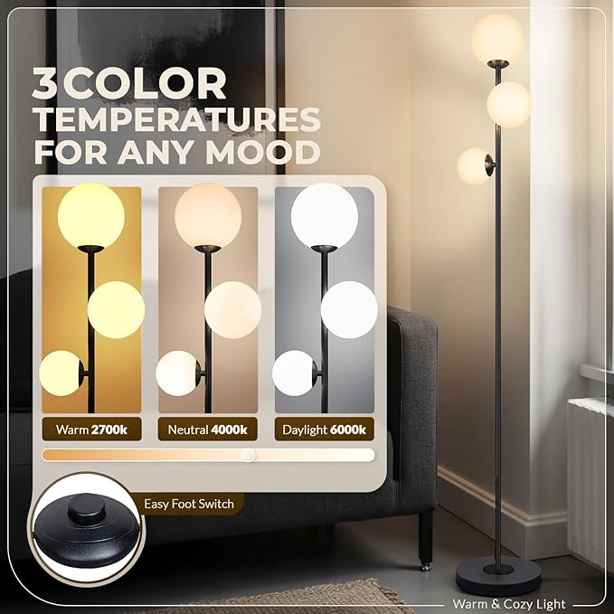 Soilsiu 3 Globe Floor Lamp - Mid Century Modern Standing Light with 3 Color Temperatures, LED Bulbs, Frosted Glass Shades for Living Room (Black)