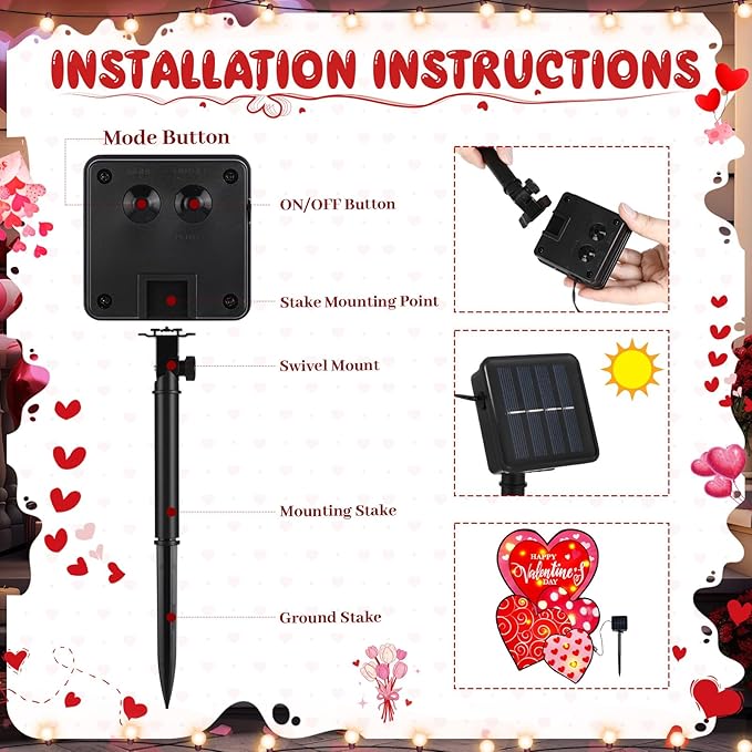 VIHOSE Valentine Garden Flag, 12 x 18 Inch Double Sided Solar Powered LED Heart Flag with Lighting 8 Modes Happy Valentine Red Love Heart Yard Flags Outdoor Banner for Valentine's Day Decorations