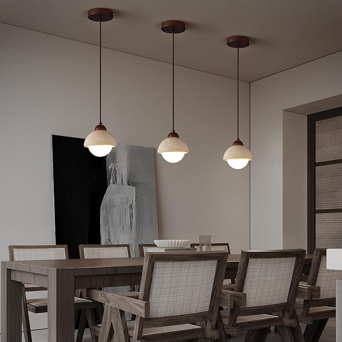 Nordic Natural Stone Shade Pendant Light Wabi Sabi Yellow Cave Stone Chandelier for Kitchen Island,Wood Suspension Lamp for Dining,Bedside,Entryway,Cafe,Restaurant(2-Pack)