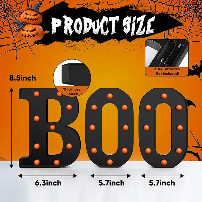 Halloween Decor,3 LED Light Up Marquee Letters Boo Sign,Cute Fall Halloween Decorations for Party,Tabletop,Mantel,Kitchen,Bathroom,Bedroom,Desk,Window,Porch,Office,Wall,Fireplace,Home,Indoor,Outdoor
