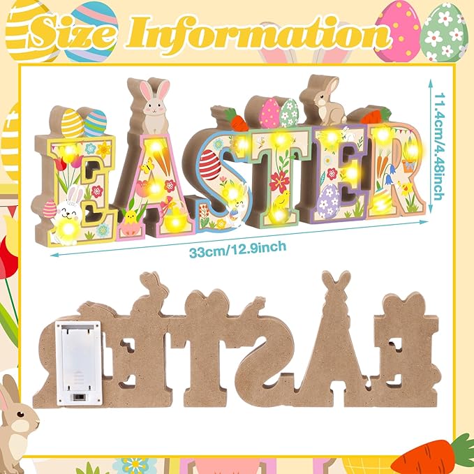 Patelai Easter Table Decoration Wooden Sign with LED Lights Easter Lighted Decor Rustic Farmhouse Table Centerpiece with 3D LED Bunny Egg Flower Tiered Tray Home Party Spring Decor (Without Batteries)