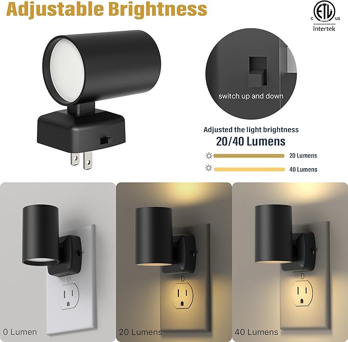 Led Night Light Plug in,Night Lights Plug into Wall Dusk to Dawn Sensor,20lm/40lm Adjustable Brightness,2700k Soft White,Dimmable Night Light for Hallway Bedroom Bathroom 6 Pack ETL-Certified