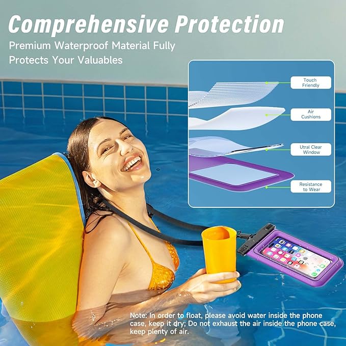Waterproof Phone Pouch - 2 Pack IP68 Floating Waterproof Phone Case, Dry Bag Beach Cruise Essentials 2025 with Adjustable Lanyard for iPhone 16 Pro Max / 15 Pro/Galaxy S24 S23 (Blue & Purple)