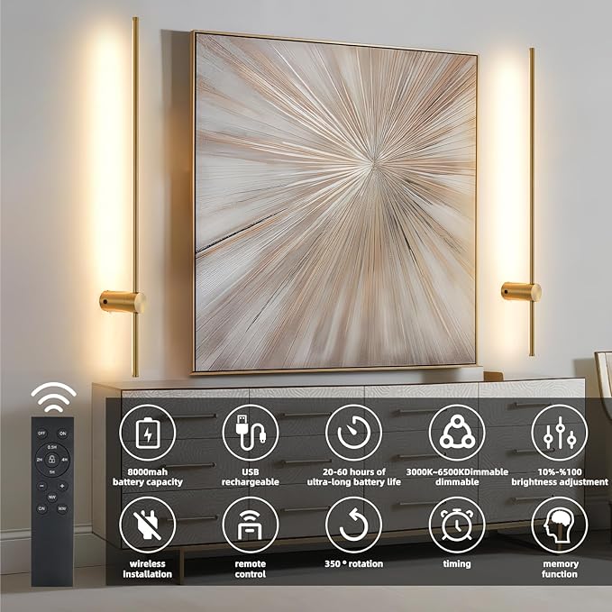 Battery Operated Wall Sconce USB Rechargeable Sconces, 39.3" Brushed Gold Wireless Wall lamp Set of 2, 3000K-6000K & Dimming with Remote Control, LED Wall Lights for Living Room, Bedroom