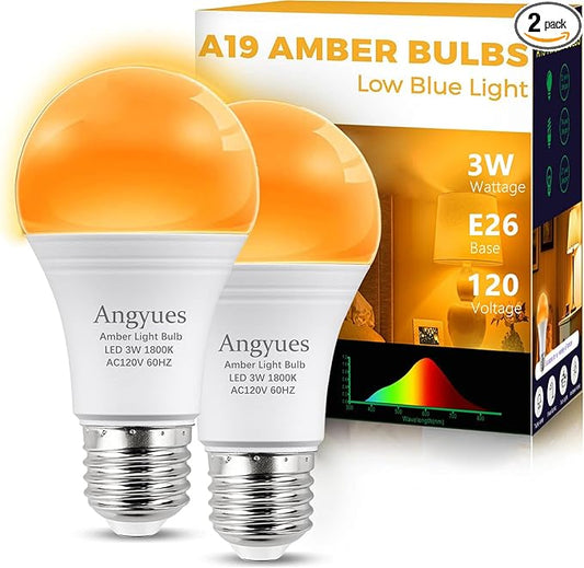 Amber Sleep Light Bulbs, Blue Light Blocking, A19 3W(25 Watt Equivalent) Dim Light Bulbs for Lamp,1800K Warm Light Bulbs,Mood Soothing Light E26 Warm Light Bulbs for Bedroom,2 Pack