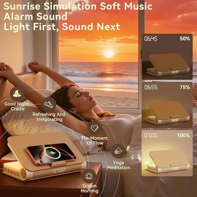 Vivilumens Sunrise Alarm Clock with Wireless Charging Station Bluetooth Speaker Loud for Heavy Sleepers Adults Aesthetic Book Wake Up Light for Bedroom Decor Dimmable Bedside Lamp Tech Birthday Gift