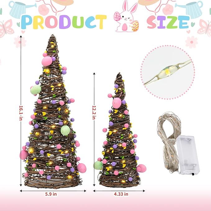 CRCZK 2PACK Easter Rattan Table Tree Decor Lighted Easter Decorations Table Centerpieces Decor Artificial Tree with Led Lights,Eggs&Berries Spring Decorations for Home