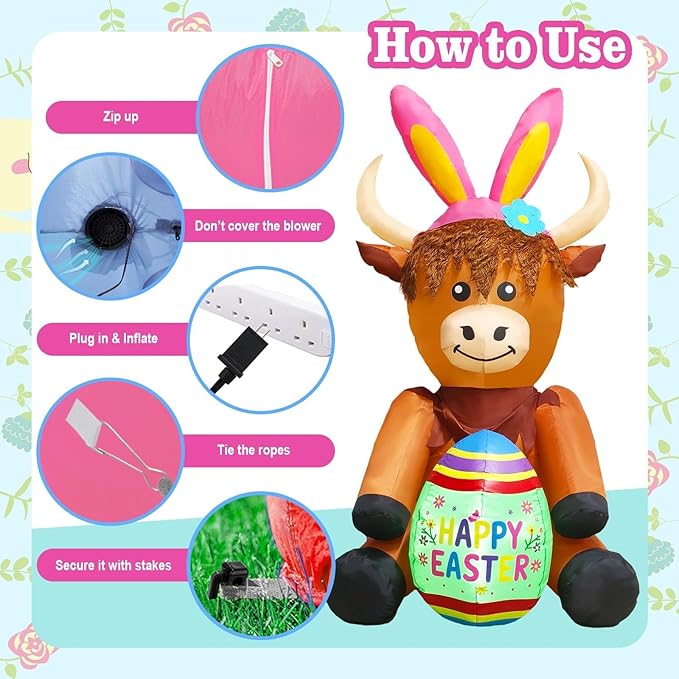 5FT Tall Easter Inflatable Highland Cow with Easter Egg Outdoor Decoration, Blow Up Highland Cow Inflatables Built-in 2 LEDs for Easter Day Outdoor Indoor Yard Garden Lawn Decor