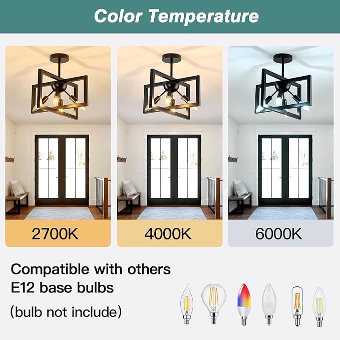 ZGLAOJT 4-Lights Ceiling Light Fixture Modern Black Semi Flush Mount Ceiling Lighting Matte Chandelier for Bedroom Kitchen Foyer Hallway Living Room Farmhouse